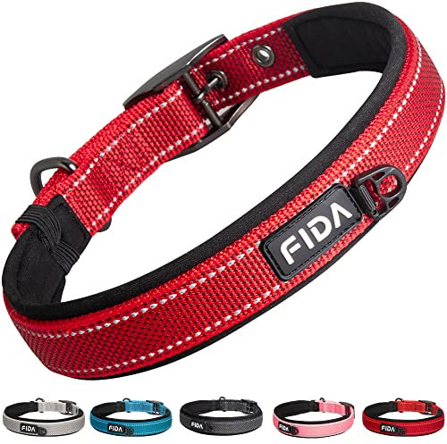 Fida Padded Dog Collar, Metal Belt Buckle Dog Collar with Double-Layer Webbing, Heavy Duty Collar for Medium Dogs, Red
