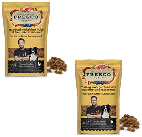 Fresco Martin Rütter Trainingsknöchelchen Huhn mit Blaubeeren und Kranbeeren | Doppelpack | 2 x 150 g | Monoproteinsnack für Hunde | In Knöchelchen-Form | Ohne Aromastoffe