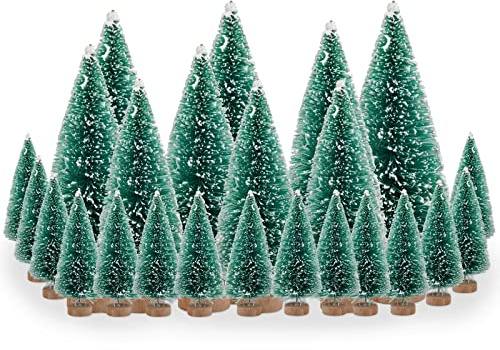 Doafoce 24 Mini Sapin de Noël Artificiel(12/7,5/6/4,5 cm) Petit Sapin avec Effet Neige Miniature Decoration Table Intérieur Arbre de Noël Mminiature avec Bases en Bois pour Noël/Décoration de Table