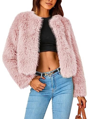 PRETTYGARDEN Women's 2026 Winter Coats Fleece Cropped Jacket Faux Fur Long Sleeve Pockets Shaggy Warm Outerwear Fall Clothes (Pink,Small)