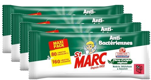 St Marc lot de 4 sachets de 80 Lingettes Nettoyantes et Désinfectantes Antibactériennes