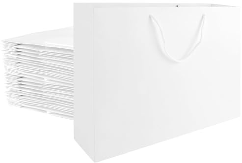 MUXHEL 20 Bolsas de Papel Blanco 40 x 10 x 30 cm con Asas para Cumpleaños, Fiestas, Bodas y Regalos