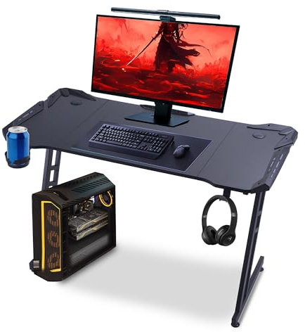 T-THREE.Gaming Desk 120 x 60cm Large metal-framed computer desk with carbon fibre finish, with cup holder and headphone hook, PC gaming desk for home office, easy assembly