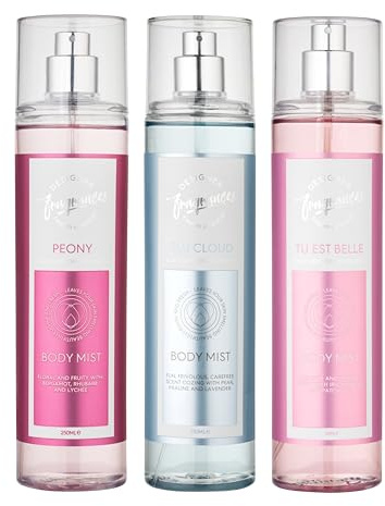 Designer Fragrances 3 Pack Assorted Bundle - Tu Est Belle - Peony - Blu Cloud - Women's Feminine Body Mist Sprays - For Silky Soft, Beautifully Smelling Divine & Fresh Skin, Great Gifts - 250ml