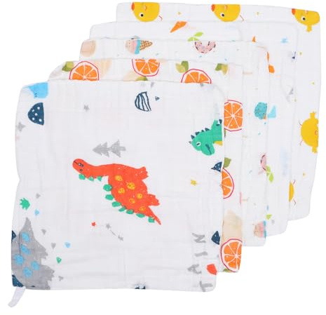 CORHAD 5 piezas Toallas de Mano Infantiles de Alta Densidad Unidades de Algodón para Bebés Toallitas Cuadradas de Muselina con Dibujos Animados Absorbentes y Duraderas para Cuidado