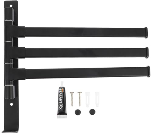 PRETYZOOM Swivel Wall-Mount Towel Rack 3-bar Aluminum Bathroom Towel Holder Black Space-Saving Storage for Shower and Lavatory