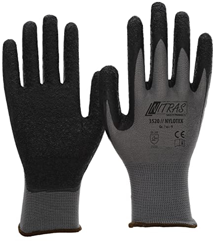 NITRAS Nylotex 3520 Nylon-Latexhandschuhe Arbeitshandschuhe 12 PAAR, Grau/Schwarz, 9