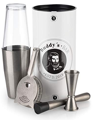 Buddy's Bar - Boston Bar-Set, 700 ml, shaker per cocktail Boston, misuratore da bar, pestello, colino da bar, sicuro per gli alimenti, set da bar con scatola regalo, acciaio inossidabile antico