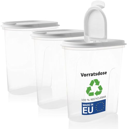 2friends Vorratsbehälter Set mit Klappdeckeln, 3-teilig, 2 Liter Schüttdosen, Müsli Aufbewahrung, 100% recyclebar, ideale GröÃŸe z.B. für Cornflakes oder Vorratsdose, Weisse Deckel, Made in EU, WeiÃŸ