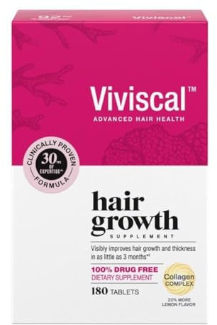 Viviscal Hair Growth Supplements for Women, Thicker Fuller Hair Support for Thinning Hair and Hair Loss, with Biotin and Marine Collagen, Drug-Free, 180 Tablets, 90-Day Supply