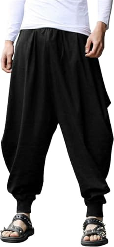 COOFANDY Mens Harem Pants Linen Casual Yoga Loose Fit Hippie Pants Lightweight Beach Trouser Cotton Summer Pants Black
