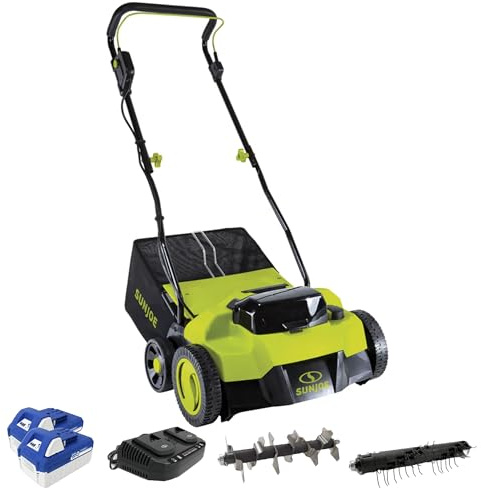 Sun Joe Cordless Scarifier & Dethatcher with 5 Depth Positions & 600W Brushless Motor, 15-Inch Cutting Width - Heavy-Duty Yard Trimmer Machine for Gardening Care and Lawn Maintenance, 24V-X2-DTS15