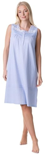 Camille 100% Cotton Sleeveless Women's Nightie | Below Knee Length Nightdress | Comfortable & Breathable Traditional Nighty With Button Fastening | Classic Nightwear | Blue 14-16