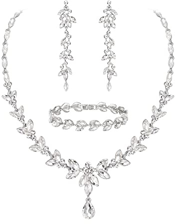Ever Faith Austrian Crystal Bridal Bridesmaid Jewelry Sets, Elegant Marquise Rhinestone Leaf Necklace Dangle Earrings Tennis Bracelet Set Clear Silver-Tone