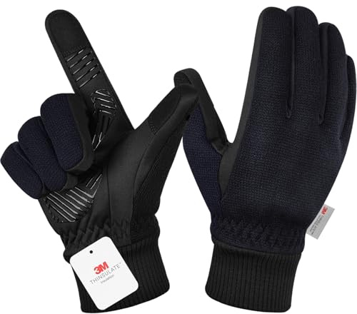 Winterhandschuhe für Herren und Damen, 3M Thinsulate-Thermo-Handschuhe, Touchscreen-Fahrradhandschuhe, kaltes Wetter, warme Handschuhe, Fahrradhandschuhe zum Skifahren, Radfahren, Fahren, Schwarz-L