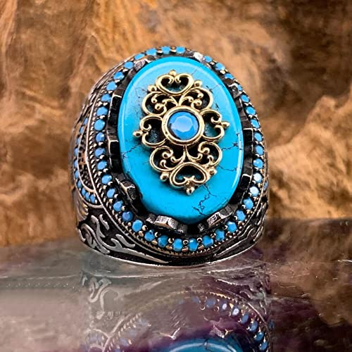MAYIYAHO Anneaux Turquoise Vintage de Luxe Pierre Bleue Naturelle Turque Bague de Couronne Faite à la Main pour Hommes Femmes Religieux Islamique Bijoux musulmans