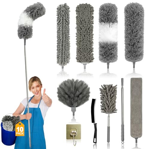 JNBGTU 10Pcs Feather Duster Kit, Extendable Bendable Washable Cobweb Brush with Extension Pole Up to 6.9Ft, Long Feather Duster for Cleaning Ceiling Fan, High Ceiling, Furniture