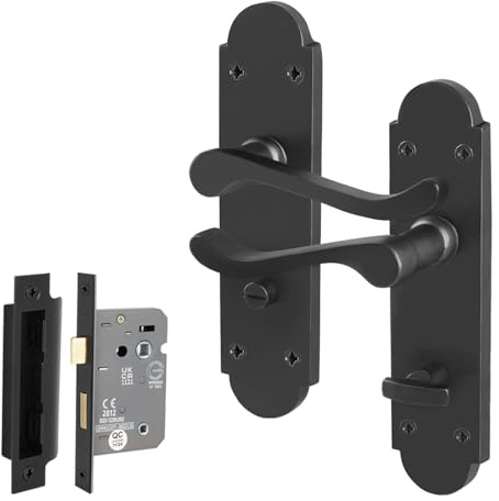 EAI Black Bathroom Door Handle Set, 1 Pair Internal Matt Black Victorian Scroll Shaped Backplate Handle and Lock 64mm