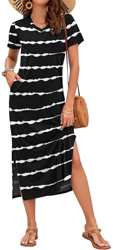 AUSELILY Maxi Vestidos Largos Sueltos De Manga Corta con Bolsillos para Muje Casual Estampado Floral Vestidos Playeros con Bolsillos Negro Rayas XXL