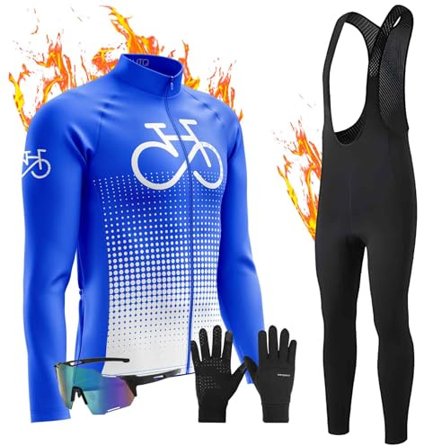 Abbigliamento Completo Ciclismo Uomo,Tuta Bici da Corsa Invernale Maglia MTB Manica Lunga+Polarizzati Occhiali Da Ciclismo+Guanti da equitazione invernali (11,XXL)
