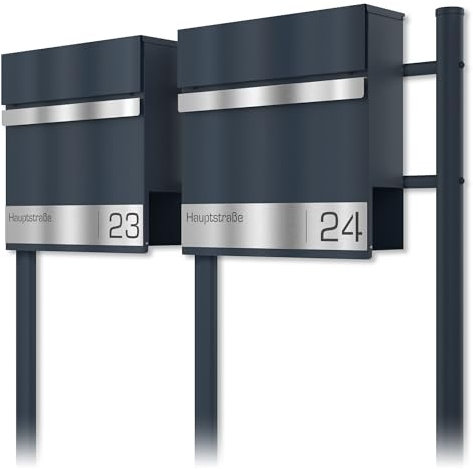 Graviers Design Buzón doble independiente con soporte en antracita RAL 7016 – Buzón personalizado de acero inoxidable grabado láser nombre de calle número de casa – Buzón con candado compartimento