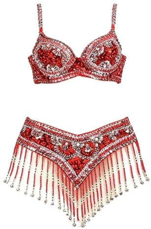 AMENGJ Costume da Danza del Ventre Costume da Ballo in Due Pezzi con Reggiseno e Cintura con Perline e Paillettes in Stile Orientale da Donna, Completo da Spettacolo(Color 5,M)