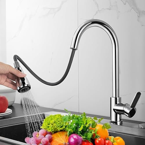XWIHTR XWIHTR Ausziehbare Küchenarmatur, 360° schwenkbare Küchenarmatur, Küchenarmatur mit 3 Funktionen aus Edelstahl, Hochdruck-Küchenarmatur, Spültischarmatur (Chrom-Großer Kopf)