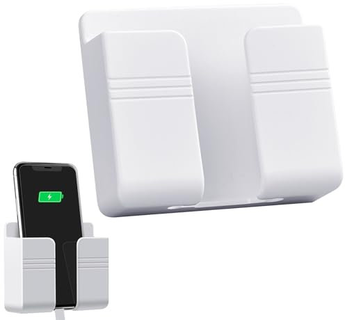 White Wall Mount Phone Holder, Shower Phone Holder Self Adhesive Charging Stand Holders with Data Cable Receiving Hole Multipurpose Control Storage Box for Waterproof Shower Bedroom Office