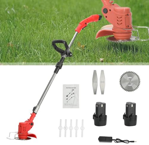 Désherbeur électrique sans Fil 12 V avec 2 Batteries et Chargeur, Manche télescopique avec Lames Rondes et métalliques, Coupe-Herbe électrique léger pour pelouse et Jardin (Rouge)