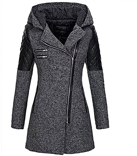 Generisch Cappotto da donna in pelle grezza Cappotto da donna Cappotto con cappuccio Manica spessa e calda giacca invernale con cerniera sottile lungo Outwear da donna Cappotti neri da donna, grigio