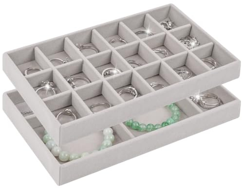 ALIIP Jewellery Tray 2Pcs,18 and 6 Compartments Grey | Velvet lined,removable dividers,for earrings,rings,jewelry storage,display,stackable,keeps organized,easy to clean