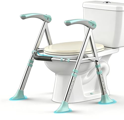 Toalett uppresningshjälp för seniorer, WC-uppresningshjälp och toalettstödram, enkel montering utan borrning och verktyg, rostfritt, aluminium kan belastas upp till 150 kg (cyan)