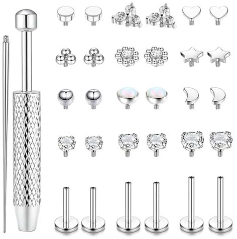 MLPKOI 32 Pcs 16G Piercing Tragus Acero Quirúrgico Piercing Trago Labret Nariz Rosca Interna Piercing Labio con Zircón para Mujer Hombre