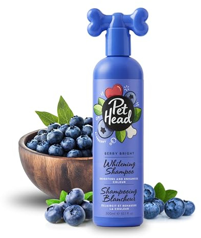 Pet Head Berry Bright Vitgörande och Färgförbättrande Hundschampo | 300 ml | Blåbärsdoft | För att Bleka Vita och Ljusa Hundpälsar | Neutraliserar Toner i Gult och Mässing | Lämplig för Valpar