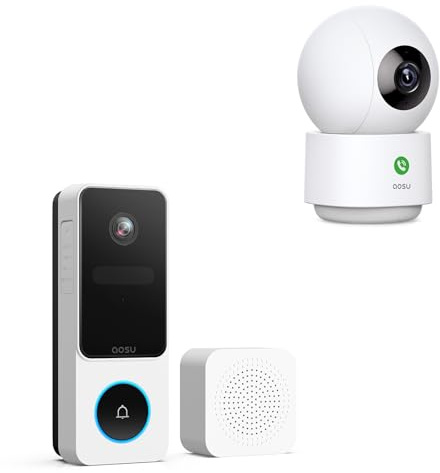 aosu Pack Caméra Intérieure 2K + Sonnette Vidéo 2K sans Fil | 360° & Grand Angle 170° | Détection IA Humain/Animal | Appel 1 Touche & Interphone | Vision Nocturne | IP65 | Alexa