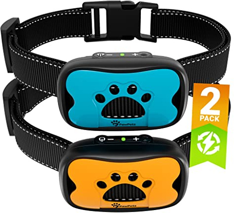 PawPets Rechargeable Anti Bark Collar - No Shock Training Dog Collar - Humane with Vibration and Sound Barking Collar for Small Medium Large Dogs - 2 Pack Blue Orange (Rechargeable)
