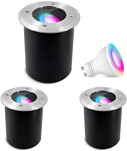 SSC-LUXon 3er Set JUAVI Bodeneinbaustrahler Aussen schwenkbar LED Smart GU10 WLAN RGB CCT - Bodenstrahler befahrbar Steuerung per App & Sprache