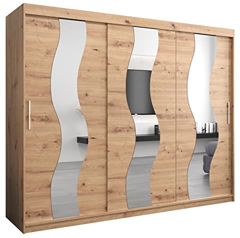 MEBLE KRYSPOL Sewilla 250 Schlafzimmerschrank mit DREI Schiebetüren, Spiegel, Kleiderstange und Regalen – 250x200x62cm - Artisan