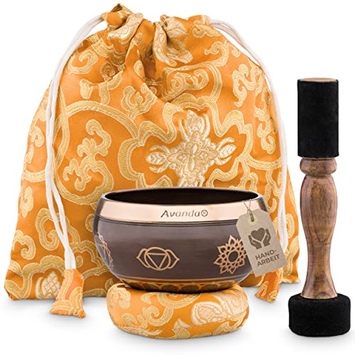 Tibetisches Klangschalen-Set Chakra für Yoga, Meditation und Entspannung - handbemalte Tibetische Klangschale Ø 10 cm, Doppel-Schlägel mit Filz und Leder, Ring-Kissen, Beutel und Anleitung