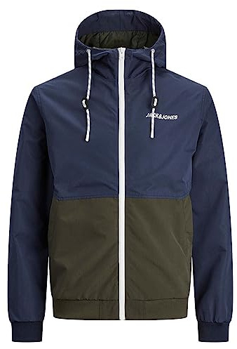 JACK & JONES Jjerush Hood Bomber Noos Homme Blouson aviateur, Blazer bleu marine/détail : rose/blanc, S