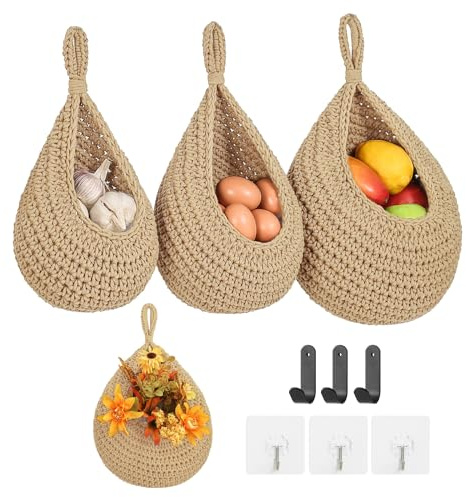 Boho Wall Hanging Fruit Baskets for Kitchen 3 Pack Woven Produce Holder with 6 Pcs Strong Hooks Vegetable Hanging Basket for Organizing Teardrop Home Wall Potato Onion Storage, Linen