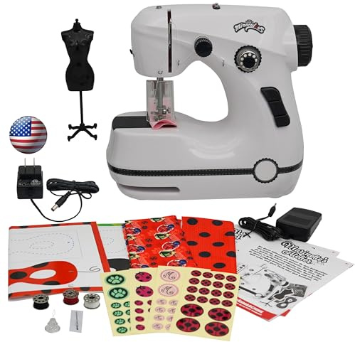 Miraculous Ladybug - Marinette's Mini Sewing Machine For Beginners And Kids, Dual Speed Portable Machine with Miraculous Fabric, Black Mannequin, Superhero Mask Cutouts, And Foot Pedal (Wyncor)