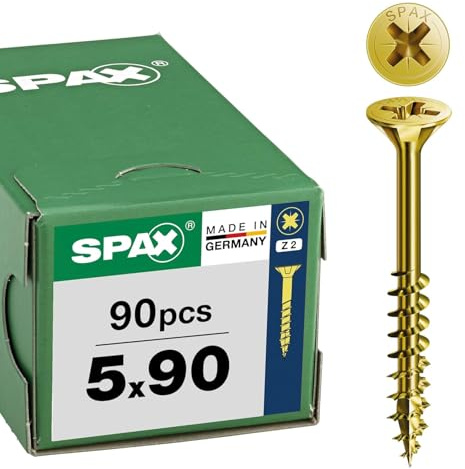 SPAX Vis universelle 5 x 90 mm, 90 pièces - Vis à bois, filetage partiel, tête fraisée, empreinte cruciforme Z2, pointe 4CUT, revêtement YELLOX - 8000000288302