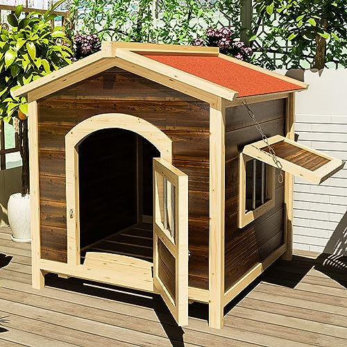 CASEGO Hundehütte aus massivem Holz mit Sonnenblende, Türen und Fenstern, leicht zu reinigen und zu installieren, einfache Hundehütte für den Innen- und Außenbereich (carbonized Color L)