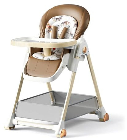 Reenborn Cuero PU Trona de Bebe, Trona Plegable Bebe Convertible Multifuncional con 6 Alturas y 3 Posiciones Reclinables, Silla Bebe Comedor con Bandejas Dobles Desmontables y Ruedas (808 Khaki)