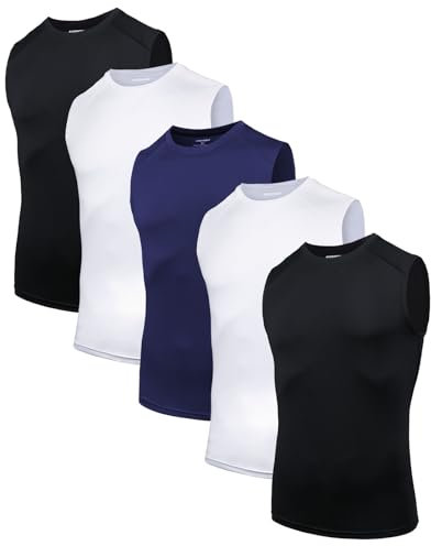 AMZSPORT 5er Pack Herren Tank Top Atmungsaktiv Kompressionsshirt Funktionsshirt Laufshirt Ärmelloses Unterhemd für Sport, Gym, Fitness und Running Schwarz Weiß Marine Blau XL