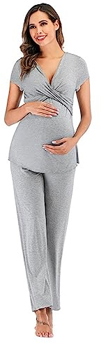 NaLatia Ensemble de Pyjama Maternité Coton Pyjama de maternité Couleur Unie Longue Vêtements de Nuit Grossesse Pyjama Chaud Allaitement