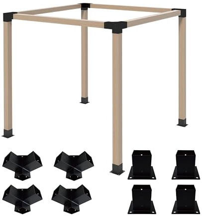Pergola Bracket Kit 4x4, 4pcs 3-Way Right Angle Corner Bracket and 4pcs Base, Heavy Duty Corner Bracket DIY Shed Kit, for Gazebo, Pergolas, Wood Stand Sheds, Metal Gazebo Kits, with Screws