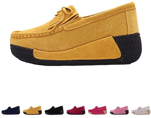 UK 4.5 Women's Loafers Mocassins Slip on Platform Wedge Heel Walking Shoes Formal Smart Casual Pumps Comfort Sporty Wedge Loafer Low Wedge Heel Office Shoes Yellow