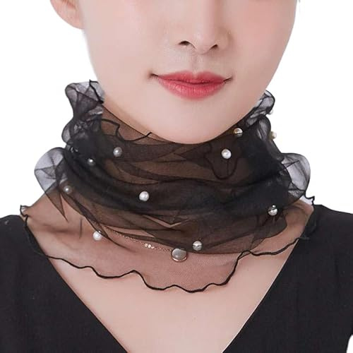 DHER 38 * 32 cm Cuello de encaje de verano Cuello de encaje transpirable Bufanda de cuello de encaje de cuentas de moda versátil luz y transpirable bufanda de seda de malla de hilo (Negro)